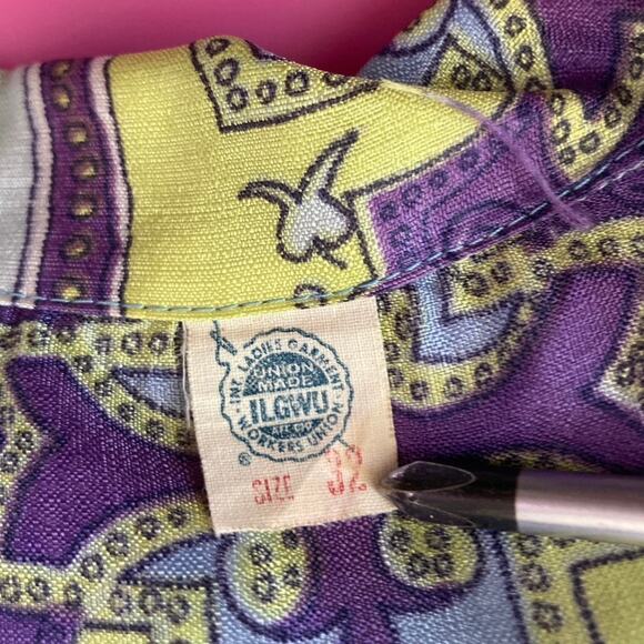 Vtg  polyester button down green purple & blue sleeves size 32 - Picture 6 of 6